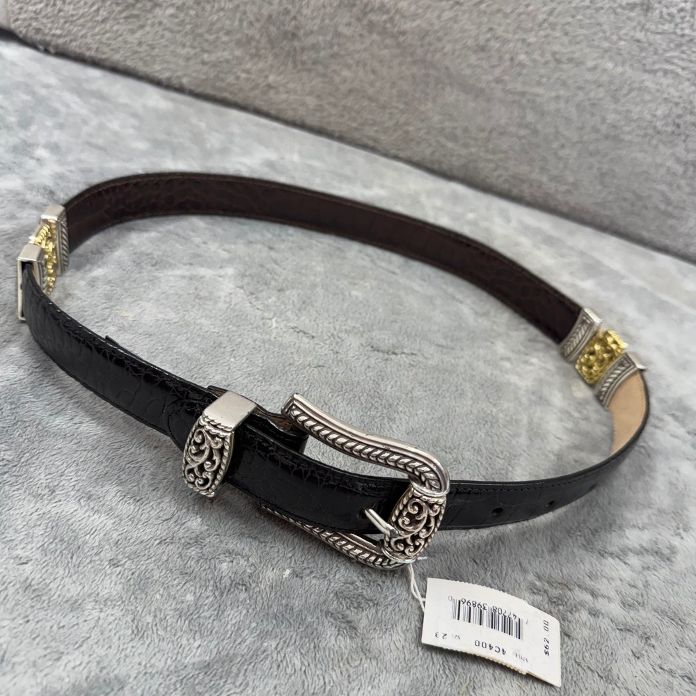 Brighton Belt Women S 28 Black NEW Croc Embossed Leather Silver Gold Filigree